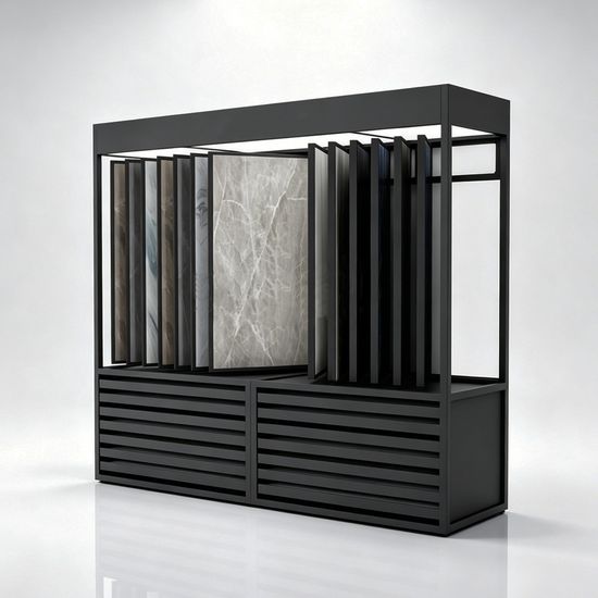 Tile display rack with sample slots and louvered cabinet