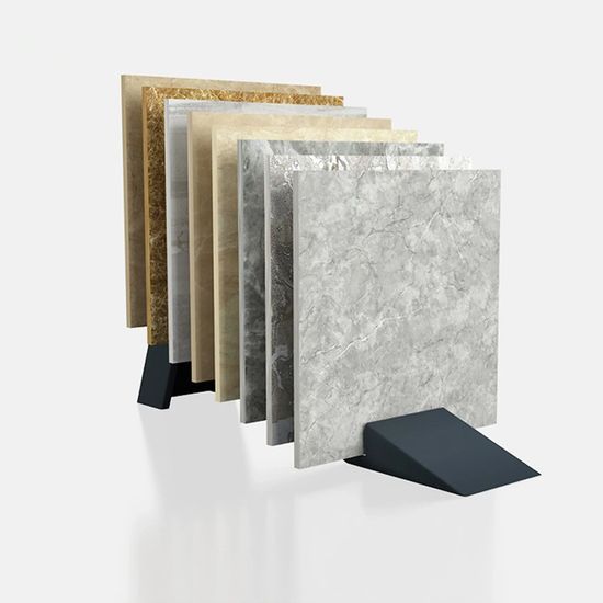Marble and stone tile samples on steel display stand