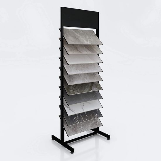 Standing tile display rack with slanted shelves and marble samples