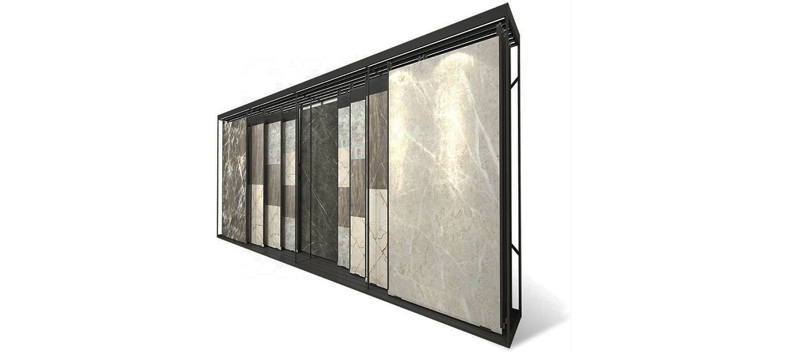 Steel tile display rack with marble tile samples