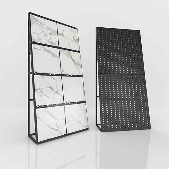Tilting tile display rack with pegboard